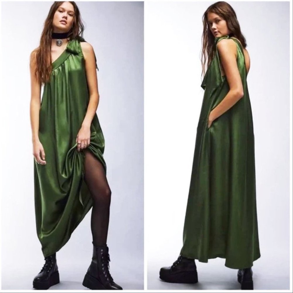 NWT Free People Silky Soa Maxi Dress One Shoulder GORGEOUS Emerald Green XS